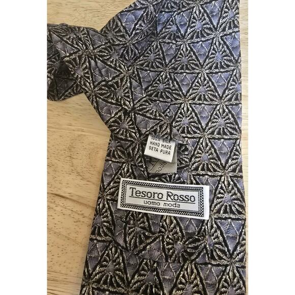 Tesoro Rosso Hand Made Silk Wide Tie Gray Black White Geometric Design Business - Picture 7 of 7